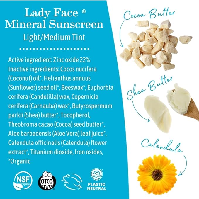 Earth Mama Lady Face Tinted Mineral Sunscreen Stick SPF 40-0.74 oz - Light/Medium Tint - Non-Nano Zinc - Broad Spectrum Face Sunscreen - Blends with Most Skin Tones