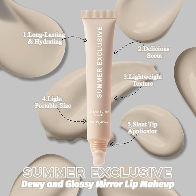 Summer Butter Lip Balm, Hydrating Plumping Clear Serum, Natural Glow Non-Sticky Transfer-Proof, Nourishing for Dry Lips, Women-Focused Lip Care with Shea Butter (#Vanilla, 1Pcs)