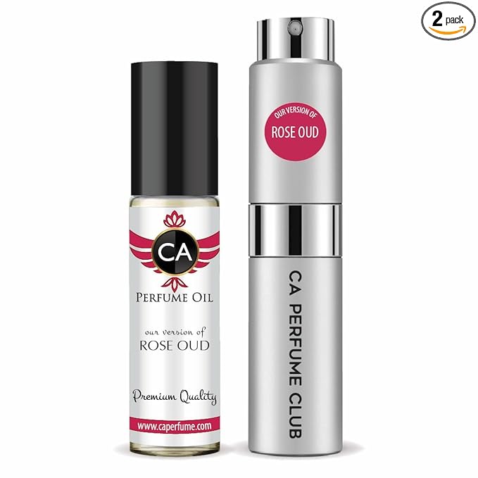 CA Perfume Duo Impression of Rose Oud For Women And Men Perfume Layering Set Long Lasting Travel Size EDP + Body Oil Roll-On Bottle 0.27 Fl Oz+0.33 Fl Oz