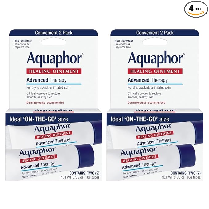 Aquaphor Healing Ointment Advanced Therapy Skin Protectant, Travel Size Body Moisturizer for Dry Skin, Minor Cuts and Burns, Dry Cuticles, Cracked Heels, Hands and Lips, 0.35 Oz Tube (2 x Pack of 2)