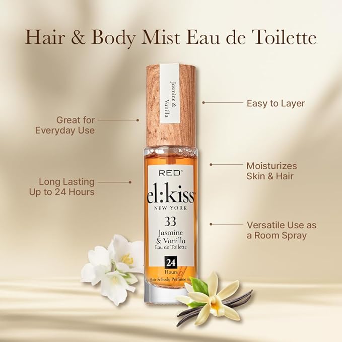 EL:KISS Hair Perfume & Body Mist, Jasmine & Vanilla Inspired by SDJ 68, Eau de Toilette 30mL (1.01 Fl Oz), Hydrating & Long-Lasting, Alcohol & Mineral Oil-Free, Jojoba/Argan Oil & Aloe Vera
