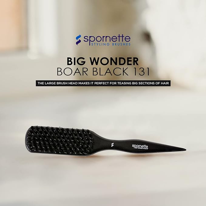 Spornette Boar Bristle Hair Brush for Women - Big Wonder Teasing Brush with Boar & Tourmaline Nylon Bristles - Tapered Handle for Back Brushing, Combing and Creating Volume & Slick Backs (Black)