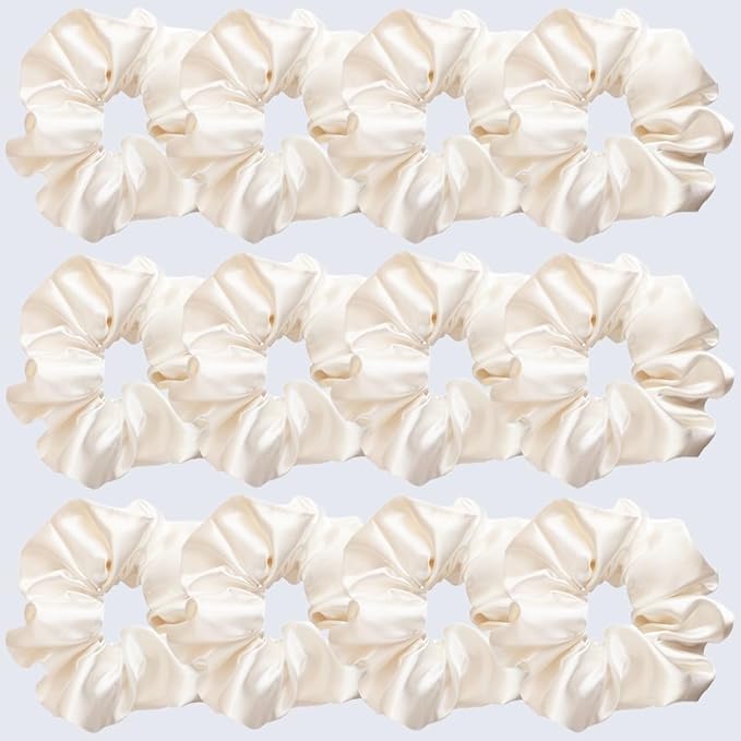 12 Pcs Satin Silk Scrunchies, Hair Ties, Hair Bands, Bow Ropes, Elastic Bracelets, Ponytail Holders, Hair Accessories for Women and Girls (4.5 Inch, Pearl White)