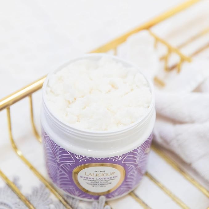 LALICIOUS Sugar Lavender Exfoliating & Moisturizing Body Scrub | Sugar & Coconut Oil | Pre-Shave Scrub for Ingrown Hairs & Razor Bumps | Gently Buffs & Smooths Sensitive Skin | No Parabens Large 16oz