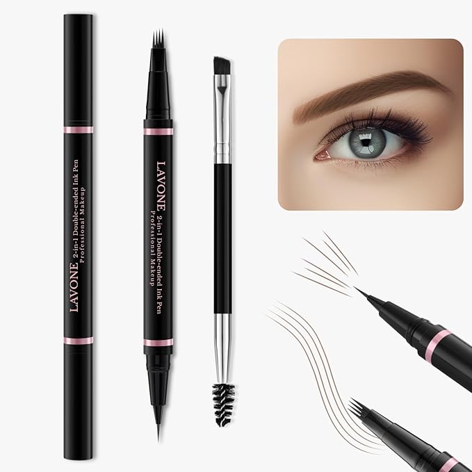 LAVONE Eyebrow Pencil Makeup Kit, with Waterproof 2-IN-1 Microblading Eyebrow Pen, Eyebrow Pomade, Eyeliner and Dual-ended Eyebrow Brush, Brow Pencil Kit for Natural Eyebrows - Brown