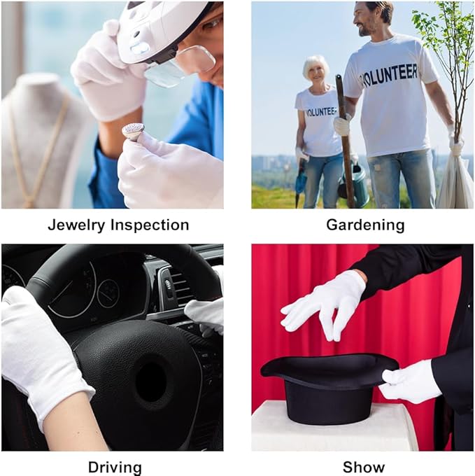 4 Pairs White Gloves, Breathable Cotton Gloves for Dry Hands Sleeping, Washable Eczema Moisturizing Glove Overnight for Women Men, Christmas Wedding Costume Work Glove for Serving Inspection