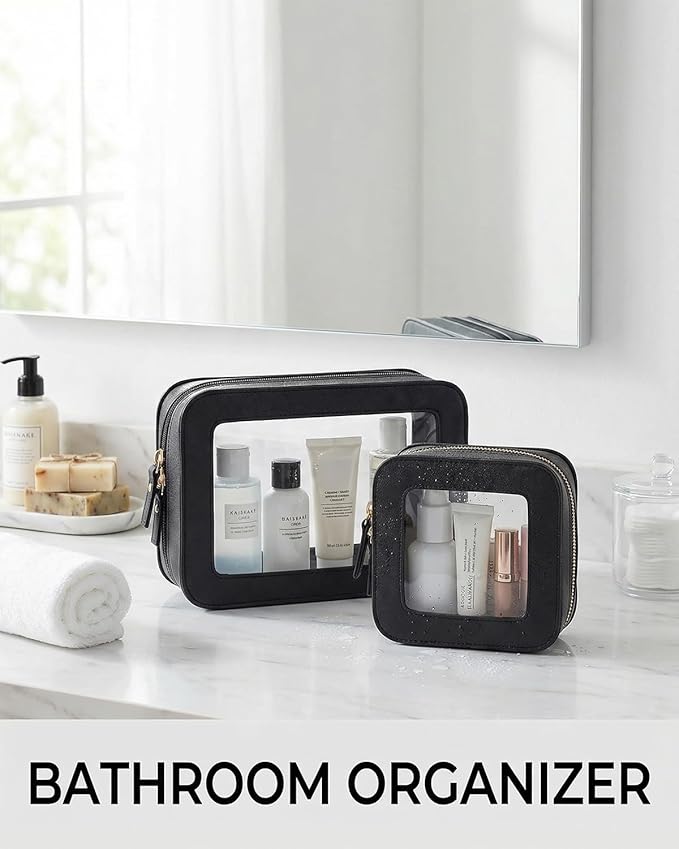 LETGO Clear Makeup Bags Set of 2, Waterproof PU Leather Portable Makeup Bag Holder with Transparent Window, Travel Lipstick Case Pouch Car Accessories for Women Men (2Pack-Standard & Square, Black)