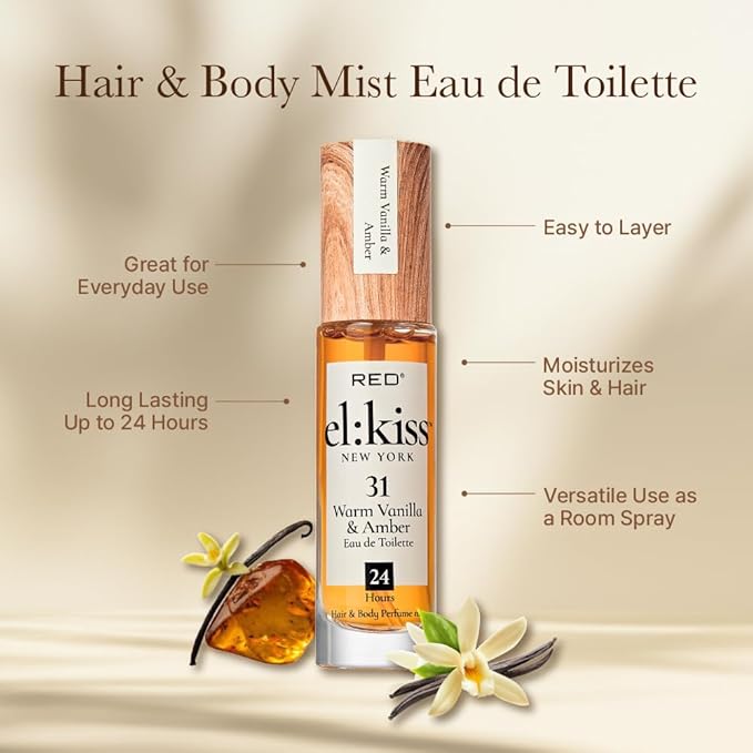 EL:KISS Hair Perfume & Body Mist, Warm Vanilla & Amber Eau de Toilette 30mL (1.01 Fl Oz), Hydrating & Long-Lasting, Alcohol-Free & Mineral Oil-Free, Infused with Jojoba, Argan Oil & Aloe Vera