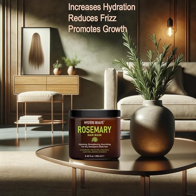 MYSTÉRE BEAUTÉ Rosemary Hair Treatment - with Collagen, Biotin, Argan Oil for Dry, Damaged, Curly Hair - Strengthening Deep Conditioner for Split Ends & Growth - 8.45 fl oz