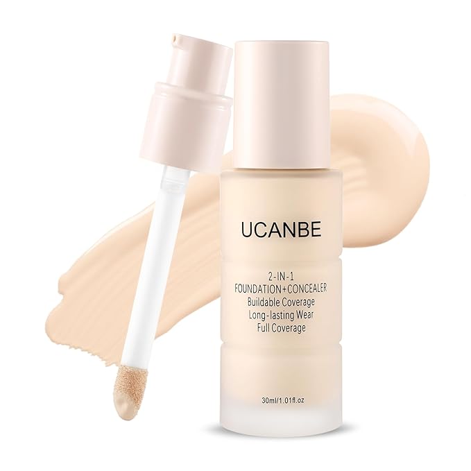 UCANBE 2-IN-1 Foundation + Concealer, Full Coverage Long-Lasting Matte Makeup for Normal, Combination and Oily Skin, Buildable Waterproof Formula with Hyaluronic Acid （02 Classic Ivory）