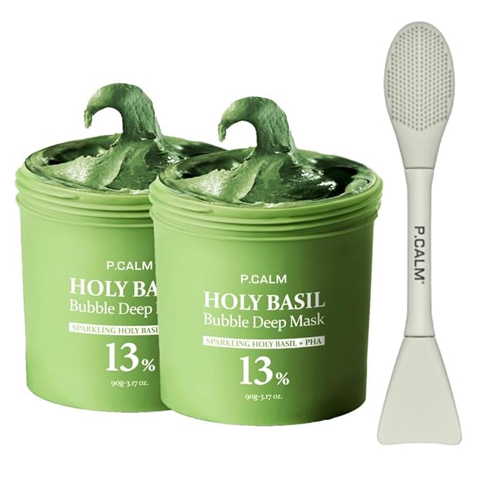 P.CALM Holy Basil Bubble Deep Mask 2EA + BRUSH – Holy Basil & Carbonated Water for Cleansing Pores & Blackheads, Korean Clay to Bubble Wash-Off Pack, Stocking Stufffers (2EA x 90g / 3.17 oz)