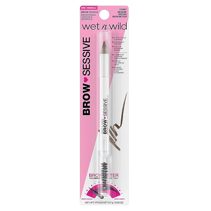 wet n wild Brow-Sessive Brow Pencil, Ultra-Precise Dual Ended Spoolie Brush for Perfect Buildable Blendable Shaping, Natural Lasting Shades for Every Brow, Cruelty-Free & Vegan- Medium Brown(Packaged)