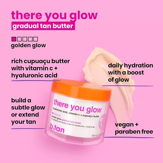 b.tan Gradual Self Tanning Lotion | There You Glow Body Butter - Best for Daily Use to Develop a Medium to Dark Bronze, Ultra Moisturizing Sunless Tanner, No Fake Tan Smell, 6.7 Fl Oz