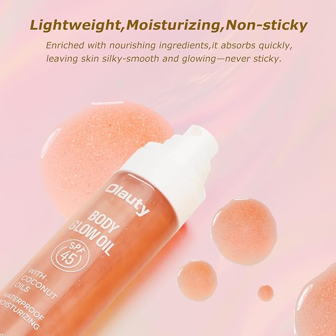 Body Glow Oil,Broad Spectrum SPF 45,Glitter Shimmer Mineral Sunscreen Body Oil with Sequin Mica,Moisturizing Coconut Oils,Waterproof Non Sticky Sun-kissed Skin Illuminator Travel Essentials (#02 Rose)