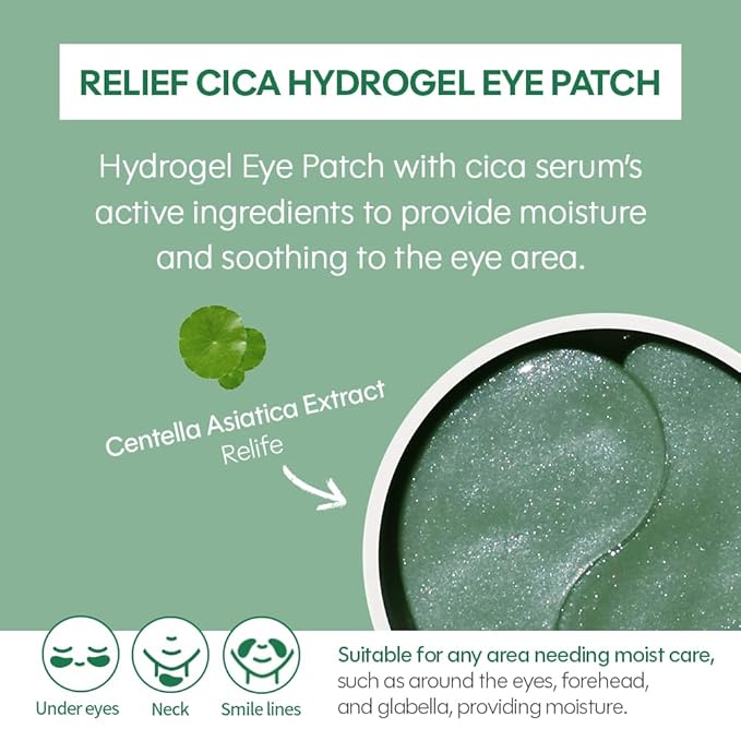 tenzero Relief Cica Hydrogel Eye Patch 60 Patches (90g), Centella Treatments for Puffy Eye, Fine Lines, Soothing, Eye Puffiness Reducer, Hydrating Eye Pads, Korean Under Eye Masks Skincare