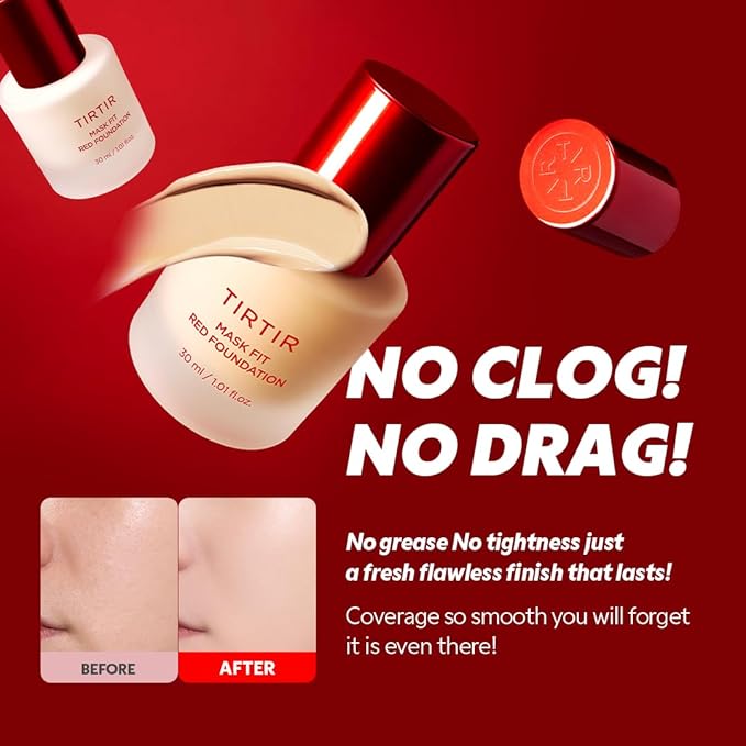 TIRTIR Mask Fit Red FoundationㅣLong Lasting Flawless Coverage, Energy Essence, Lightweight, Hydrating, Pore-Blurring, Breathable Satin Finish, Makeup, Radiant Skin, #23N Sand, 1.01 Fl Oz