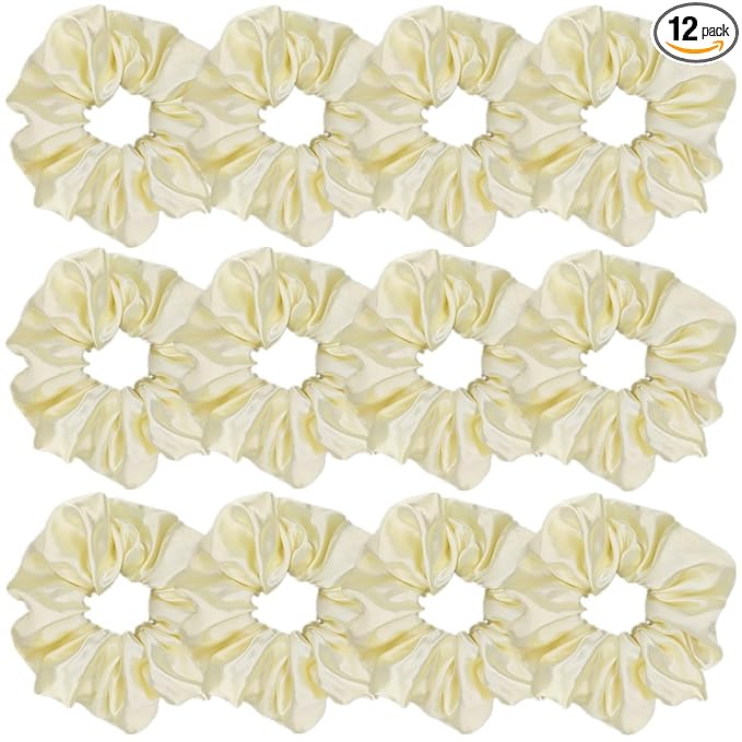 12 Pcs Satin Silk Scrunchies Soft Hair Ties Fashion Hair Bands Bow Ropes Elastic Bracelet Ponytail Holders Hair Accessories for Women and Girls (4.5 Inch, Light Yellow)