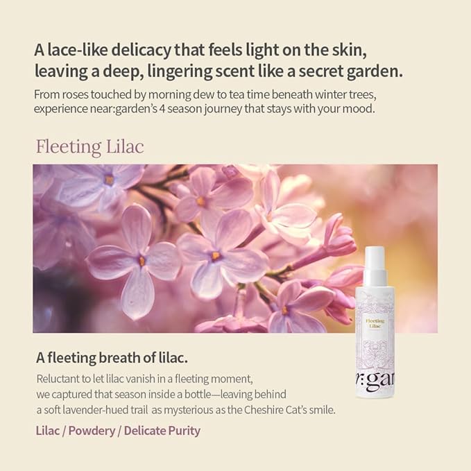 neargarden Perfume Body Mist, Daily Moisturizing for Dry, Rough, Sensitive Skin, Lightweight, Non-Greasy, Body Spray, Paraben, Silicone & Phthalate-Free (150ml / 5.07 fl.oz.) (Fleeting Lilac)