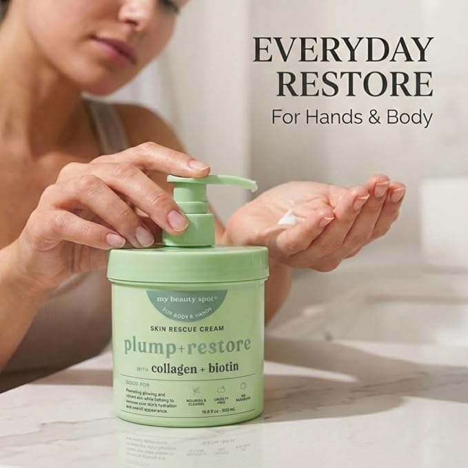 My Beauty Spot Collagen & Biotin Hand Cream with Pump Plump & Restore Moisturizing Hand Lotion for Extremely Dry Cracked Hands, Non-Greasy Body Moisturizer - 16.9 fl oz