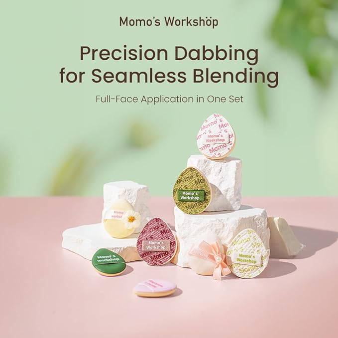 Momo's Workshop Mini Denim Makeup Sponge Set,Mini Makeup Blenders Sponge for Concealer/Blush/Highlighter, Perfect for Detail Work & Travel,4pcs Green Mini Concealer Puffs with Travel Pouch