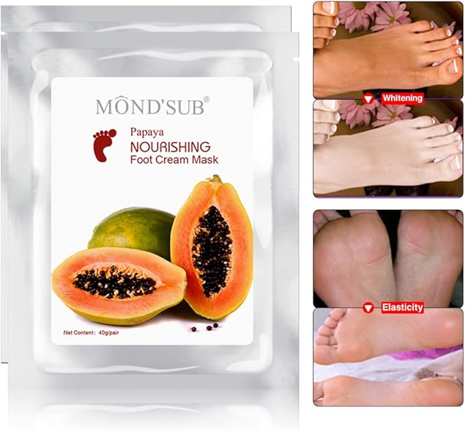 MOND’SUB Papaya Nourishing Foot Cream Mask Leave Skin Soft Smooth and Supple Dissolves Inactive Protein and Dead Skin Cells Spa Mask Moisture Enhancing Socks for Dry Feet(1box=5pcs)