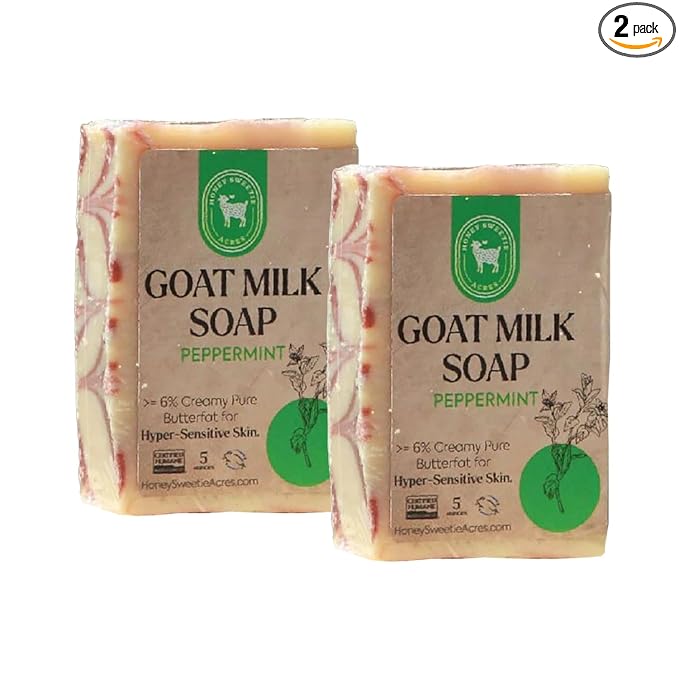 Honey Sweetie Acres 2-Pack Peppermint Goat Milk Soap - Handmade 5 oz Bar, Made with Natural Ingredients, Moisturizing & Gentle, Made in the USA