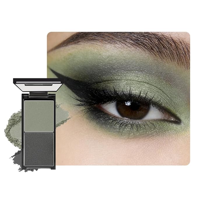 Olive Green & Charcoal Gray Matte Duo Eyeshadow Palette, 2 Color Green Smokey Eye Shadow, Smooth Blendable Long Lasting Mini Travel Eyeshadow Palette for Natural Glam Looks 3#