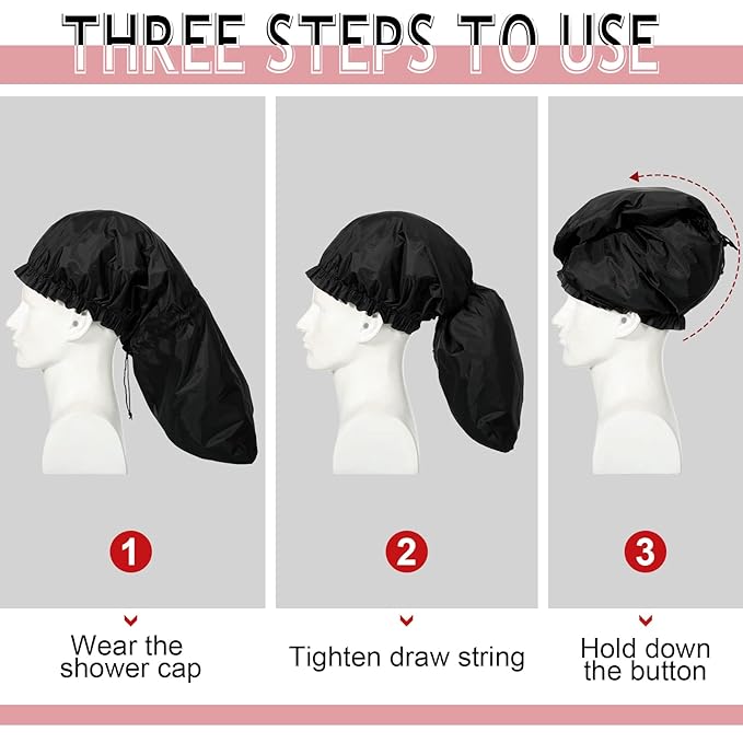 Eurzom 4 Pcs Large Shower Cap for Braids Extra Long Shower Cap for Women Long Hair Locs Foldable Waterproof Reusable XL Hair Bonnets for Dreadlocks Drawstring Bath Caps(Red, Blue, Black, Gray)