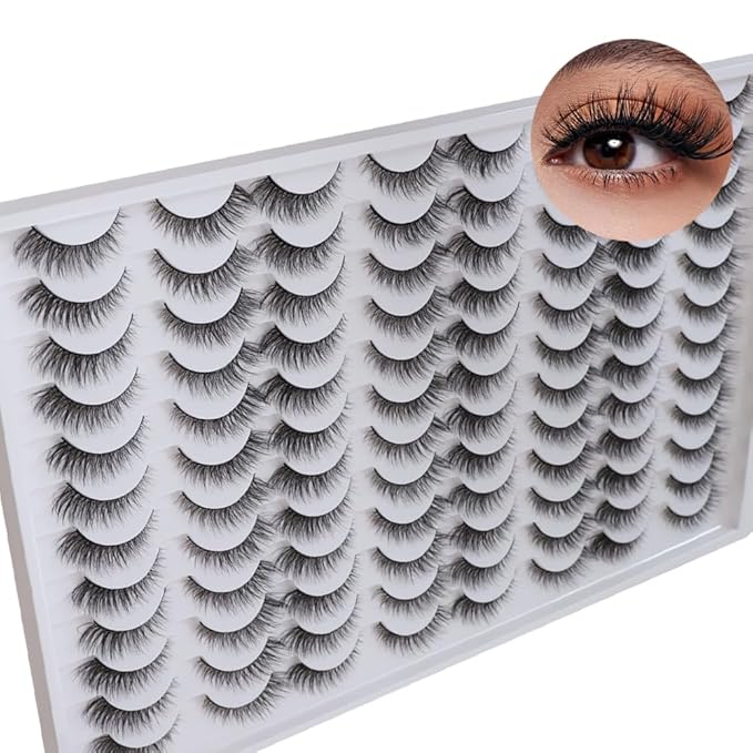 Azenlo False Eyelashes 48 Pairs Faux Mink Lashes 14mm Wispy Lashes 3D Fluffy Cat Eye Lashes Pack Bulk Wholesale Strip Lashes(style 48-019)