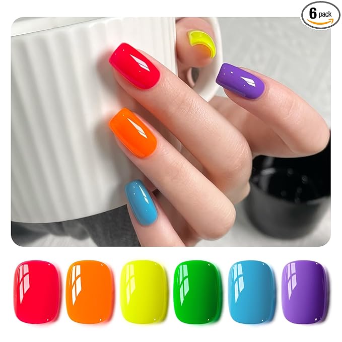 GAOY Neon Bright Gel Nail Polish Set, 6 Colors Summer Orange Hot Pink Glow in Dark, Soak Off UV Light Cure Gel Polish Kit for Nail Art DIY at Home