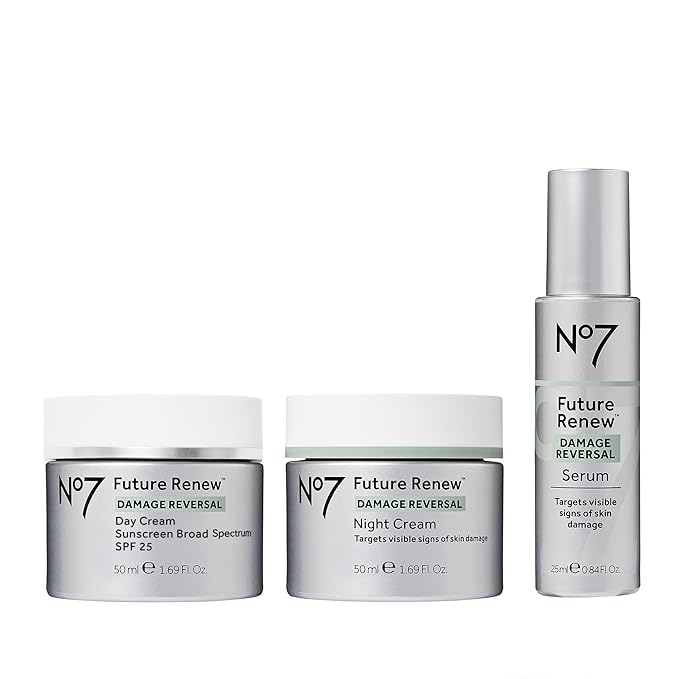 No7 Future Renew Damage Reversal Skincare Set - Anti Aging Face Serum (.33 Fl Oz), Day Cream with SPF 25 (1.69 Fl Oz) & Night Cream (1.69 Fl Oz) - Reverses Visible Signs of Sun Damage - 3-Piece Set | Damage Reversal, Day Cream, SPF 25, Night Cream