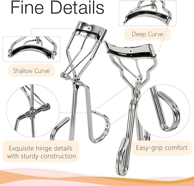 qiipii 2 Kinds of Eyelash Curlers with Different Curvature Suitable for Various Eyes Shapes, Silver Comfort Grip,10 Silicone Replacement Refills Pads for Perfect Framed Lashes - Gentle & Safe Use