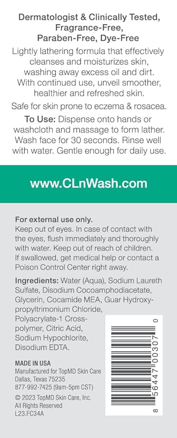 CLn® Facial Cleanser - Hydrating Facial Cleanser with Glycerin, For Skin Prone to Dryness, Eczema, Redness, Irritation & Acne Sensitivity, Fragrance-Free & Paraben-Free, 3.4 fl. oz. (Pack of 2)