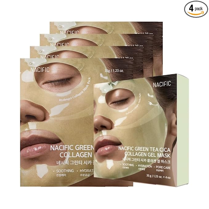 NACIFIC Collagen Gel Facial Mask (Green Tea Cica) 4EA Set, Hydrogel Care for All Skin Types, Hydrating, Firming, Elasticity, Pore Minimizing, Glass Glow Skin, Korean Beauty