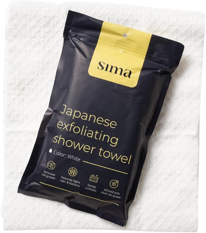 Sima Brand Exfoliating Washcloth Face & Body Scrub Towel - Japanese Exfoliating Towel with Hexagon Fibers, Body Scrubber with 2 Sides for Scrubbing & Washing, Extra Long Body Towels (White)