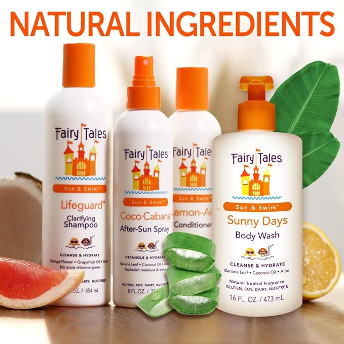 Fairy Tales Sun & Swim Kids Body Wash - Chlorine Removal After-Pool Body Wash for Kids, Washes Off Salt, Sunscreen & Pool Residue - Delicious Tropical Scent - 16oz