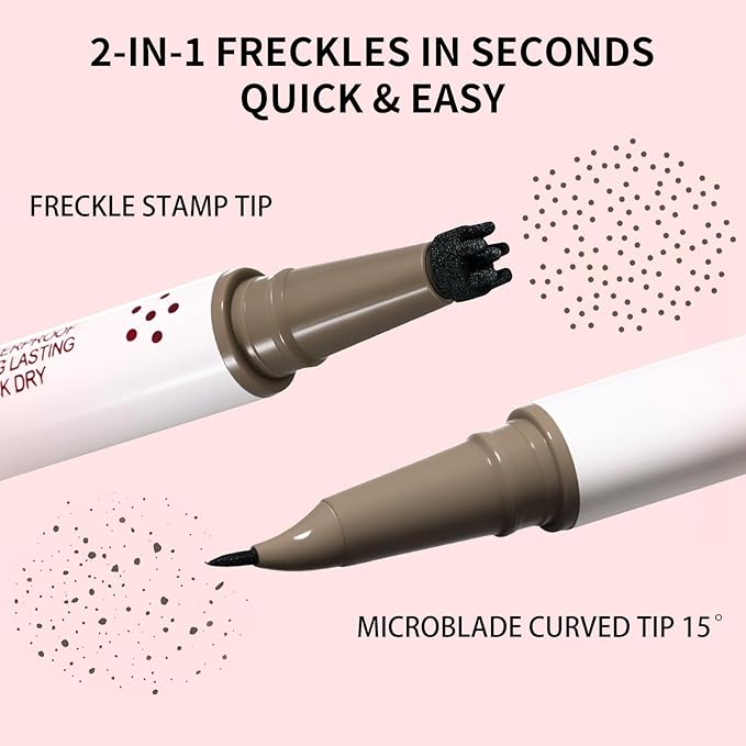 UCANBE 2PCS Dual-Ended Freckle Pen & Freckle Stamp - Precise 15° Curved Tip Makeup Waterproof & Smudge Proof, Long Lasting Faux Freckles Pencils (01 Light Brown)