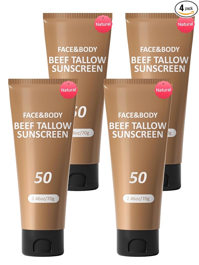 Beef Tallow Sunscreen, Sunscreen for Face, Natural Reef Safe Sunblock for Face Body, Non Greasy Clean Travel Sun Screen Sunblock for Sunmmer Outdoor Travel, 4 Packs