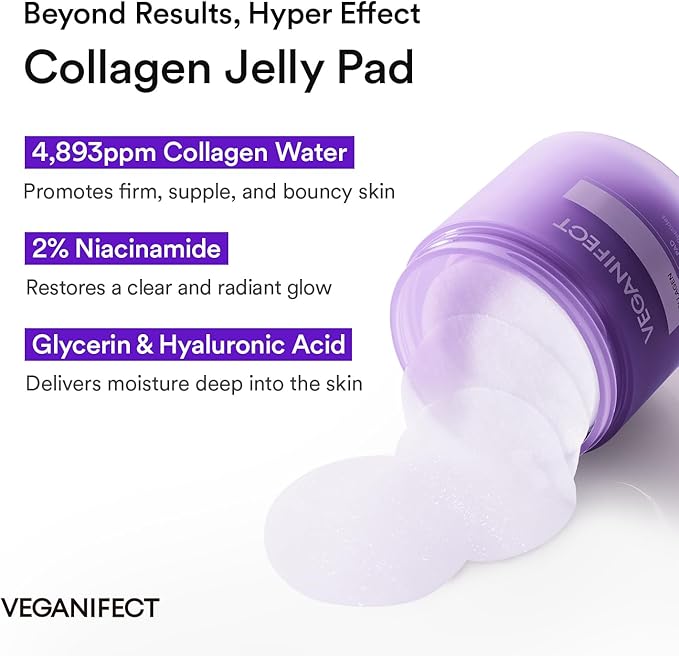 VEGANIFECT Collagen Peptide Jelly Toner Pads | Dual-Function Skincare for Wrinkle Care | Pore Tightening, Elasticity Boost, and Glow Radiance, Korean Skincare | 6.76 fl.oz.(200ml)*70Pads