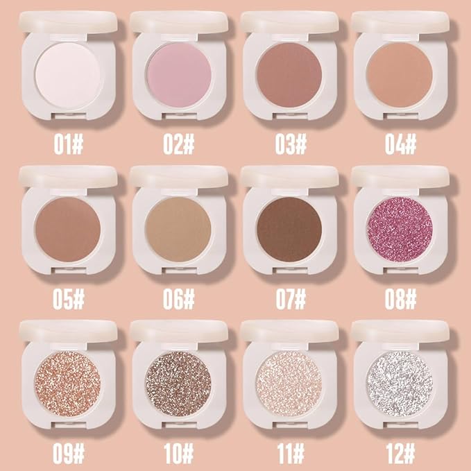 CAKAILA Monochrome Glittler Shimmer Eyeshadow Palette,Light Brown White Shimmer Powder Eyeshadow,24 Hour Waterproof Blendable Pressed Glitter Single Eye Shadow Apply Makeup Easily, Vegan