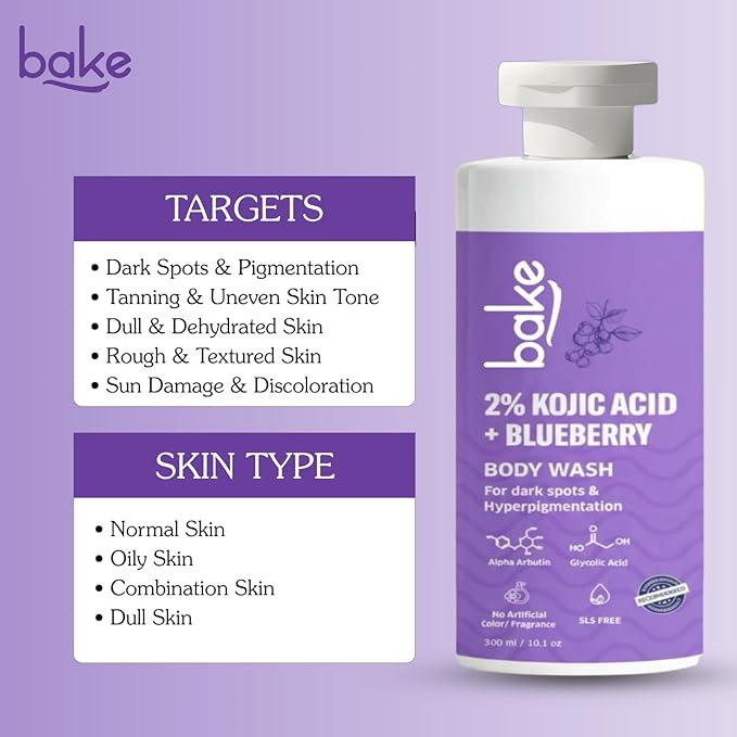 BAKE 2% Kojic Acid Body Wash for Pigmentation & Tan Removal with Glycolic Acid & Alpha Arbutin | For Dark Knees & Elbows | Dark Spots & Sun Damage | 250ml