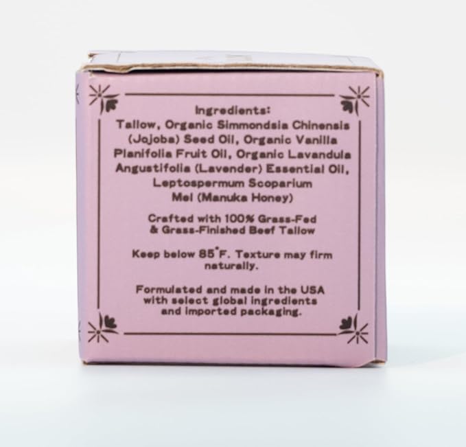 Tallow Face Moisturizer – Lavender Vanilla Beef Tallow for Skin, Whipped Tallow Cream with Manuka Honey & Organic Jojoba Oil, Face Cream, Grass Fed & Finished, Made in USA, 1.5 oz