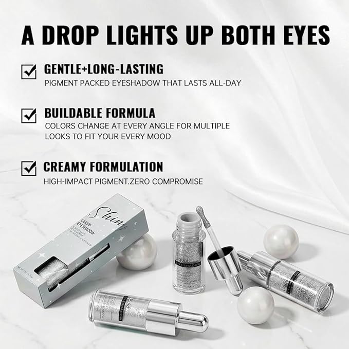 Silver White Shimmer Liquid Eyeshadow, High Pigment Blendable Eye Shadow Makeup for Older Women, Long Lasting Lightweight Travel Friendly, Suitable for All Eye Shapes, Metallic Glitter Finish 01#