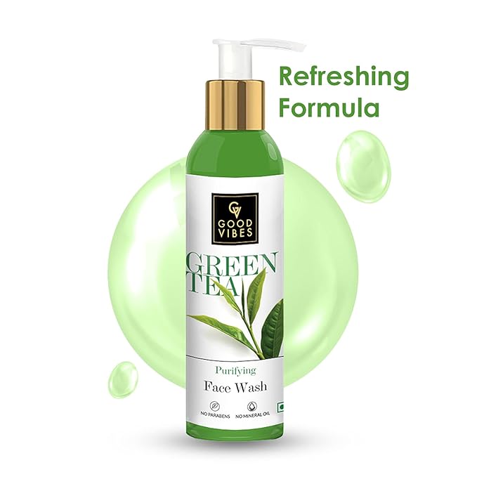 Good Vibes Green Tea Face Wash | Anti Acne Deep Cleansing Antioxidants Rich Facial Cleanser For All Skin Types | Natural, No Parabens & Mineral Oil (120 ml/4.06 Fl Oz)