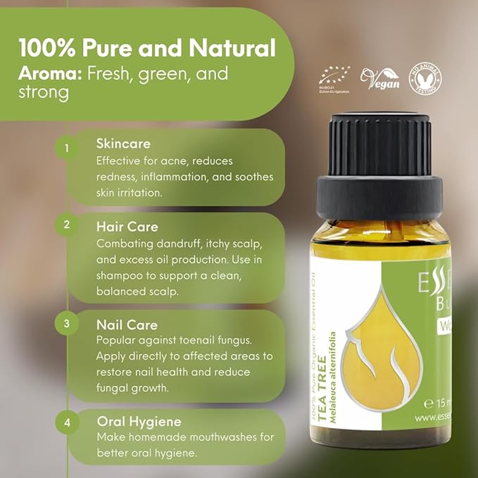 Essences Bulgaria Organic Tea Tree Essential Oil 0.51Fl Oz 15ml Melaleuca Alternifolia - 100% Pure and Natural Undiluted for Toenail Fungus, Dandruff Itchy Scalp Acne Skincare Aromatherapy Diffuser