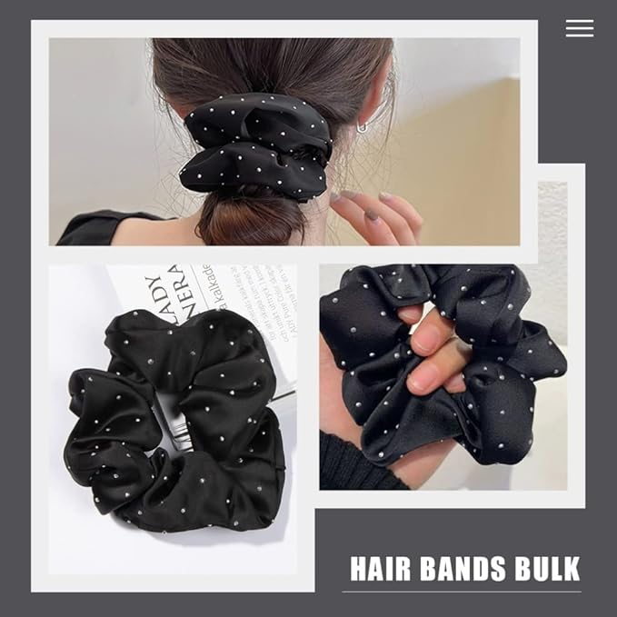 Minkissy Silk Hair Ties - 6pcs Elastic Hair Ties Rhinestone Scrunchies Rhinestone Ponytail Holders for Women Girls - Black