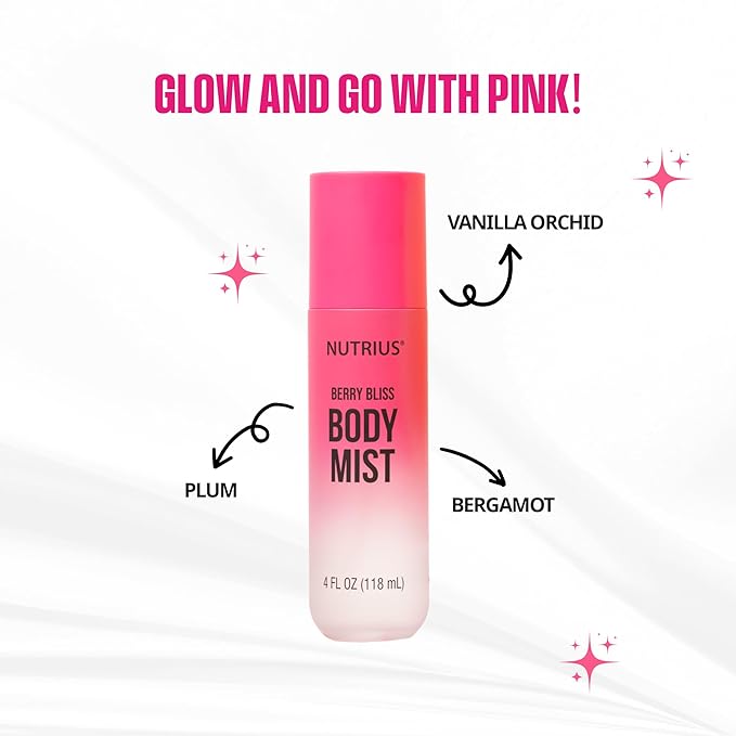 Nutrius Body Mist for Women, Berry Bliss Scent, Hydrating Fragrance Body Spray with Plum, Jasmine & Vanilla Musk, Long Lasting Body Mist, Vegan, Cruelty Free, 4 fl oz