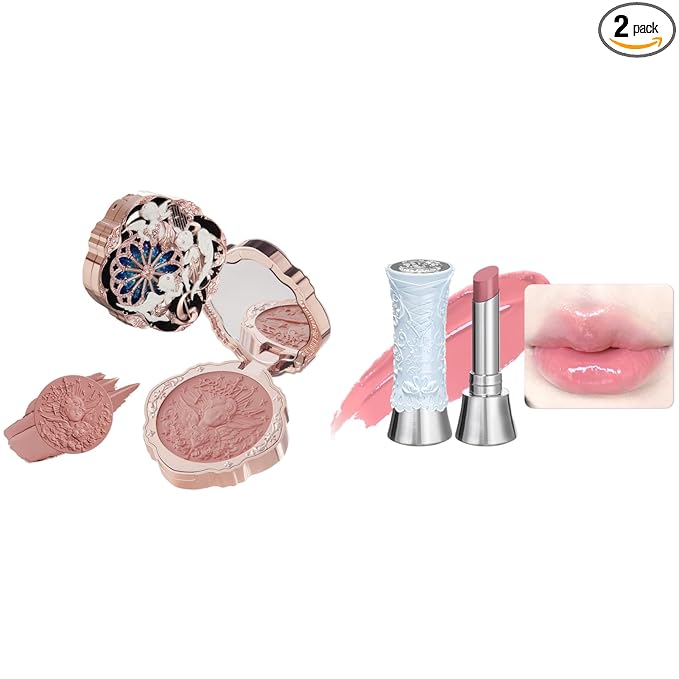 Flower Knows Little Angel Cream Blush and Swan Ballet Shine Lip Gloss Stick Set,Buildable & Blendable Dewy Makeup,Soft Long-Lasting Cute Make Up(Blush 04 Rose Ashes + Lipstick B04 Silver Moon)