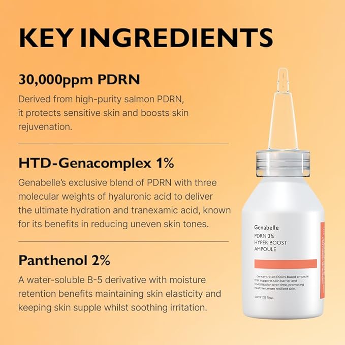 Genabelle 3% PDRN Skin Booster Ampoule - 30,000ppm Salmon DNA PDRN, 20,000ppm Panthenol, HTD-GENACOMPLEX Regeneration & Barrier Strengthening,Glass Skin Glow,Korean Skincare, 1.35 fl.oz / 40ml