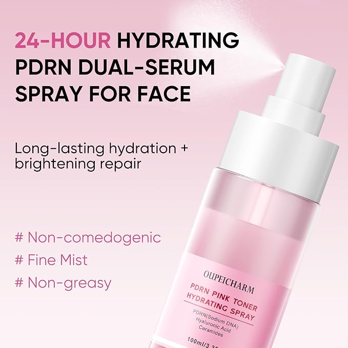 24-Hour Hydrating Pdrn Dual-Serum Spray for Face with Salmon DNA, Ceramides & Hyaluronic Acid, Long-Lasting Hydration, Lightweight and Glow, Multi-Use for Sensitive Skin, Makeup